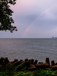 Preview wallpaper sea, water, rainbow, horizon, twilight