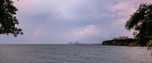 Preview wallpaper sea, water, rainbow, horizon, twilight