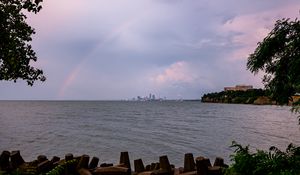 Preview wallpaper sea, water, rainbow, horizon, twilight