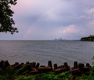 Preview wallpaper sea, water, rainbow, horizon, twilight
