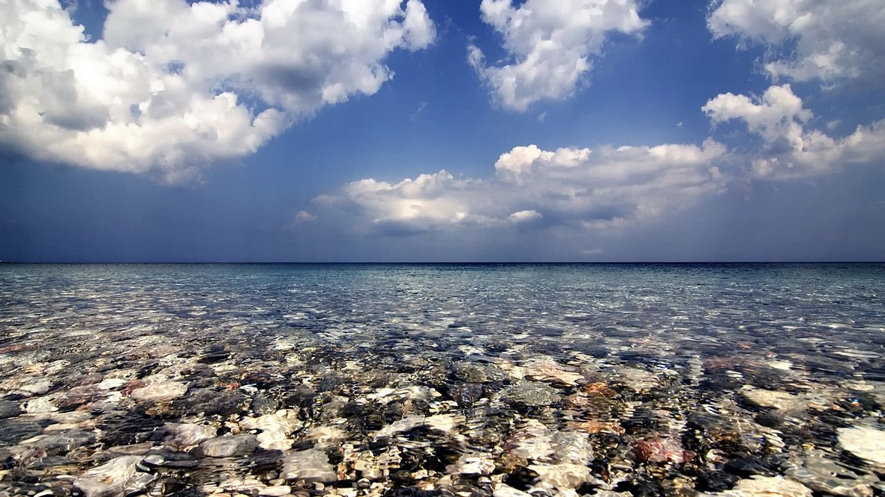 Wallpaper sea, water, transparent, stones, bottom, clouds, sky