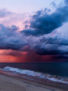 Preview wallpaper sea, wave, clouds, storm, shore, landscape
