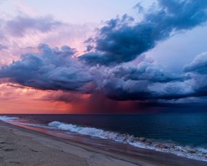 Preview wallpaper sea, wave, clouds, storm, shore, landscape