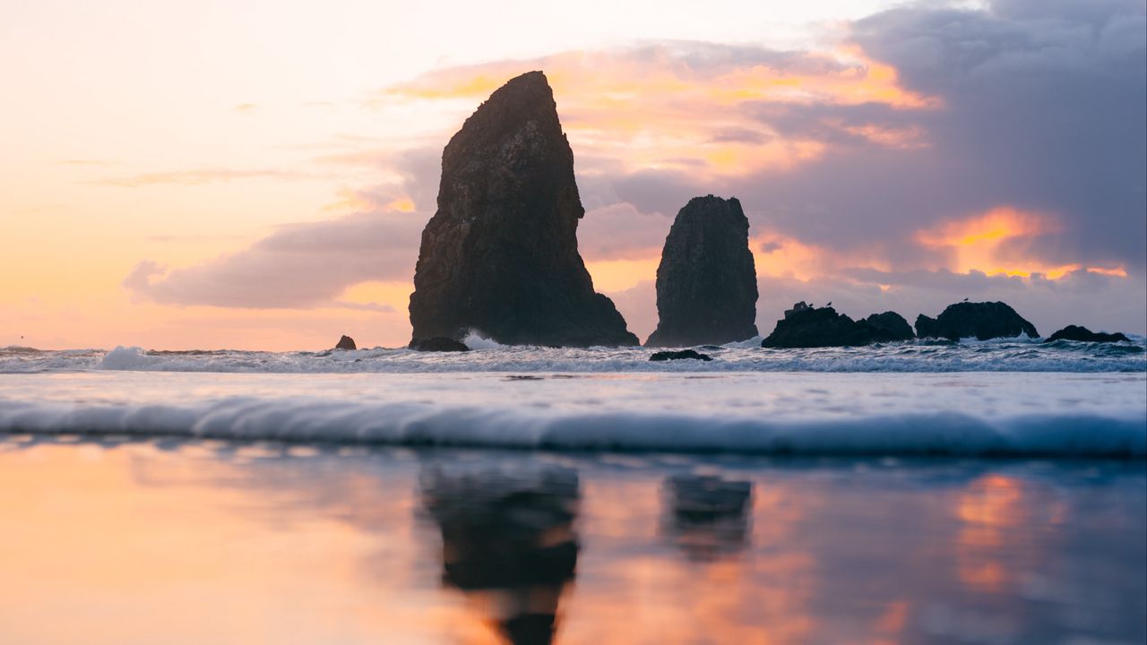 Wallpaper sea, wave, rocks, sunset, water