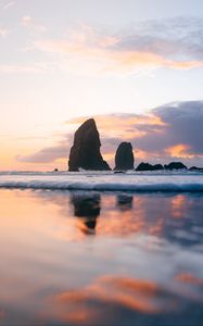 Preview wallpaper sea, wave, rocks, sunset, water