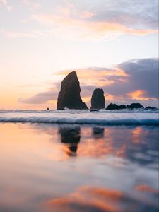 Preview wallpaper sea, wave, rocks, sunset, water