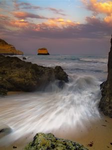 Preview wallpaper sea, wave, splashes, coast, rocks, blow, sand, crack