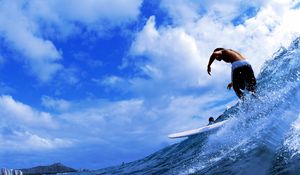 Preview wallpaper sea, wave, spray, surf, clouds, boy