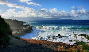 Preview wallpaper sea, wave, surf, clouds, coast