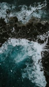 Preview wallpaper sea, waves, aerial view, stones, shore