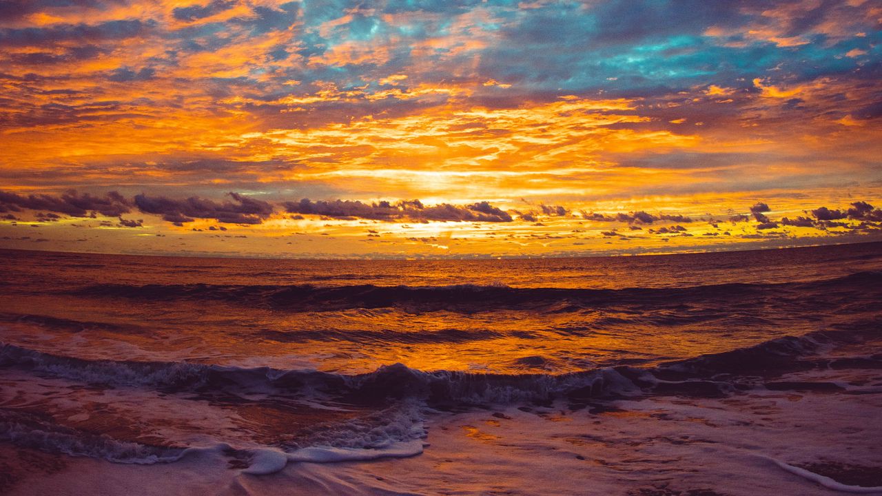 Wallpaper sea, waves, beach, sunset, dusk
