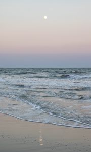 Preview wallpaper sea, waves, beach, moon, reflection