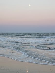 Preview wallpaper sea, waves, beach, moon, reflection