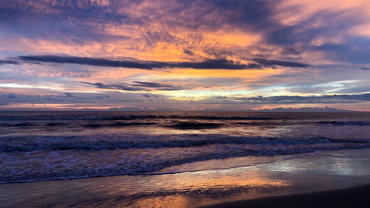 Wallpaper sea, waves, clouds, sunset, landscape