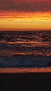 Preview wallpaper sea, waves, coast, sunset, nature, dark
