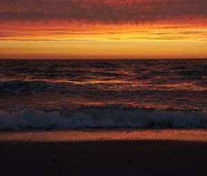 Preview wallpaper sea, waves, coast, sunset, nature, dark