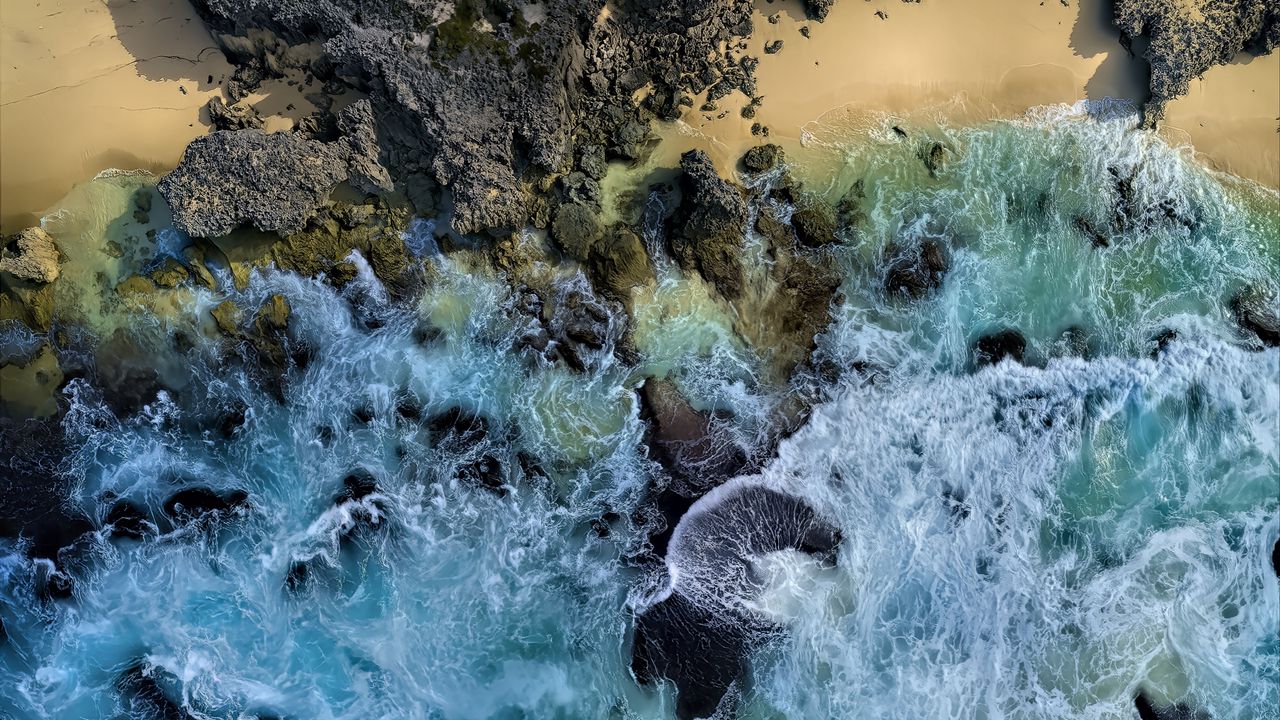 Wallpaper sea, waves, coast, aerial view, blue