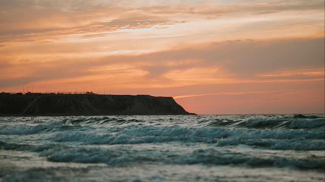 Wallpaper sea, waves, coast, sunset, twilight