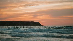Preview wallpaper sea, waves, coast, sunset, twilight
