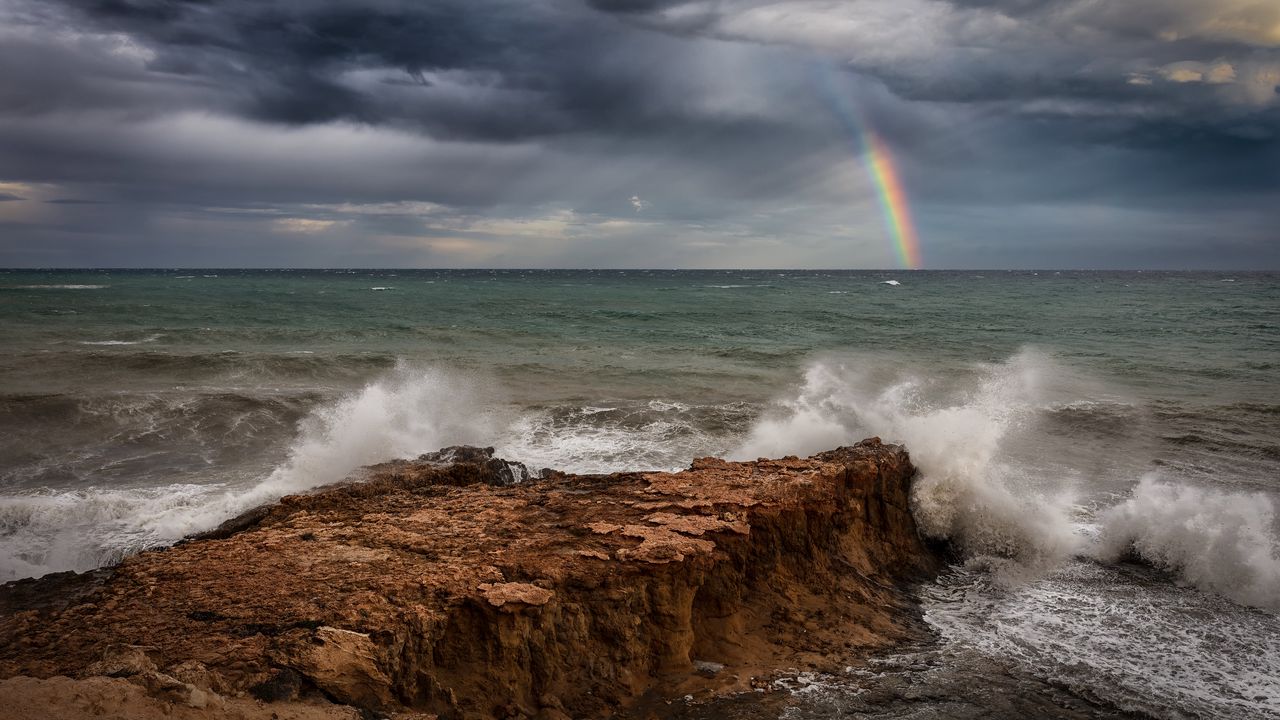 Wallpaper sea, waves, coast, rainbow, landscape