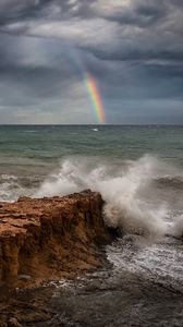 Preview wallpaper sea, waves, coast, rainbow, landscape