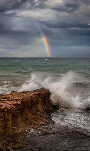 Preview wallpaper sea, waves, coast, rainbow, landscape