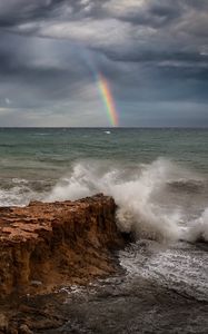 Preview wallpaper sea, waves, coast, rainbow, landscape