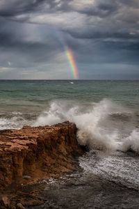 Preview wallpaper sea, waves, coast, rainbow, landscape