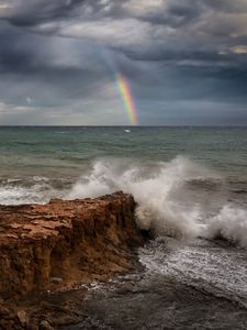 Preview wallpaper sea, waves, coast, rainbow, landscape