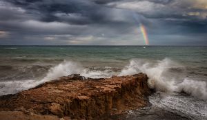 Preview wallpaper sea, waves, coast, rainbow, landscape