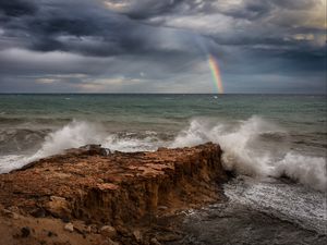 Preview wallpaper sea, waves, coast, rainbow, landscape