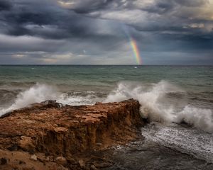 Preview wallpaper sea, waves, coast, rainbow, landscape