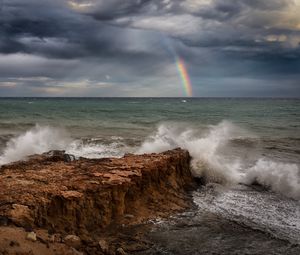 Preview wallpaper sea, waves, coast, rainbow, landscape