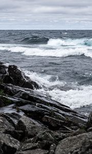 Preview wallpaper sea, waves, foam, stones, shore, landscape
