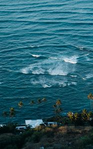 Preview wallpaper sea, waves, foam, palm trees, house