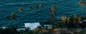 Preview wallpaper sea, waves, foam, palm trees, house