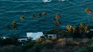 Preview wallpaper sea, waves, foam, palm trees, house