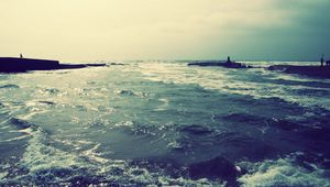 Preview wallpaper sea, waves, foam, dark blue, colors, paints, pier, people