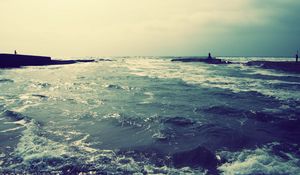 Preview wallpaper sea, waves, foam, dark blue, colors, paints, pier, people