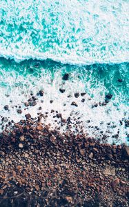 Preview wallpaper sea, waves, foam, shore, stones, pebbles, aerial view