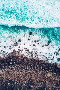 Preview wallpaper sea, waves, foam, shore, stones, pebbles, aerial view