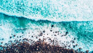 Preview wallpaper sea, waves, foam, shore, stones, pebbles, aerial view