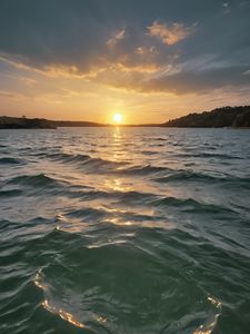 Preview wallpaper sea, waves, forest, sun, sunset