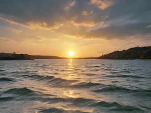 Preview wallpaper sea, waves, forest, sun, sunset