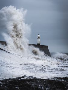 Preview wallpaper sea, waves, lighthouse, storm, water, spray