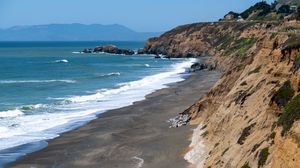 Preview wallpaper sea, waves, mountain, beach, landscape