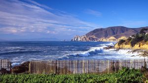 Preview wallpaper sea, waves, mountains, fence