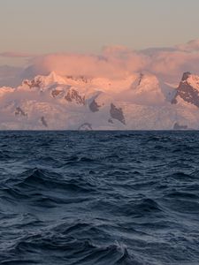 Preview wallpaper sea, waves, mountains, clouds