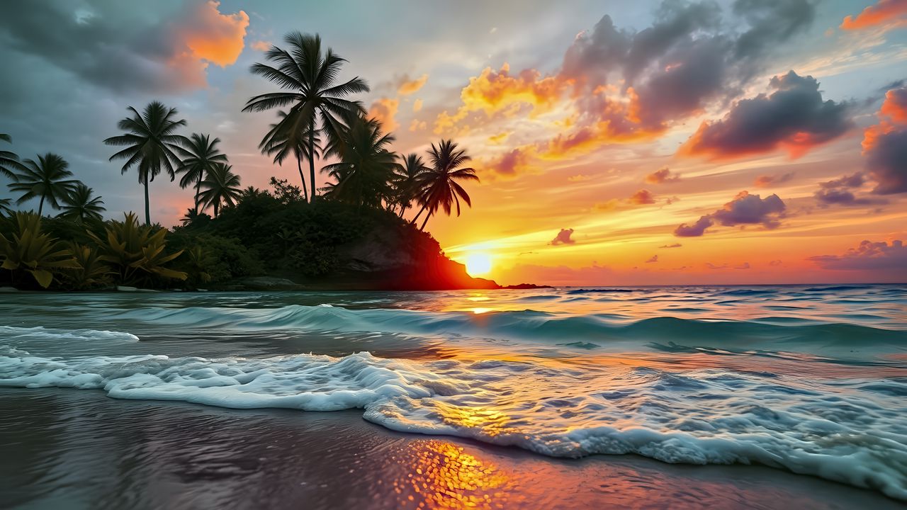 Wallpaper sea, waves, palm trees, tropics, sun, sunset