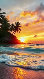 Preview wallpaper sea, waves, palm trees, tropics, sun, sunset